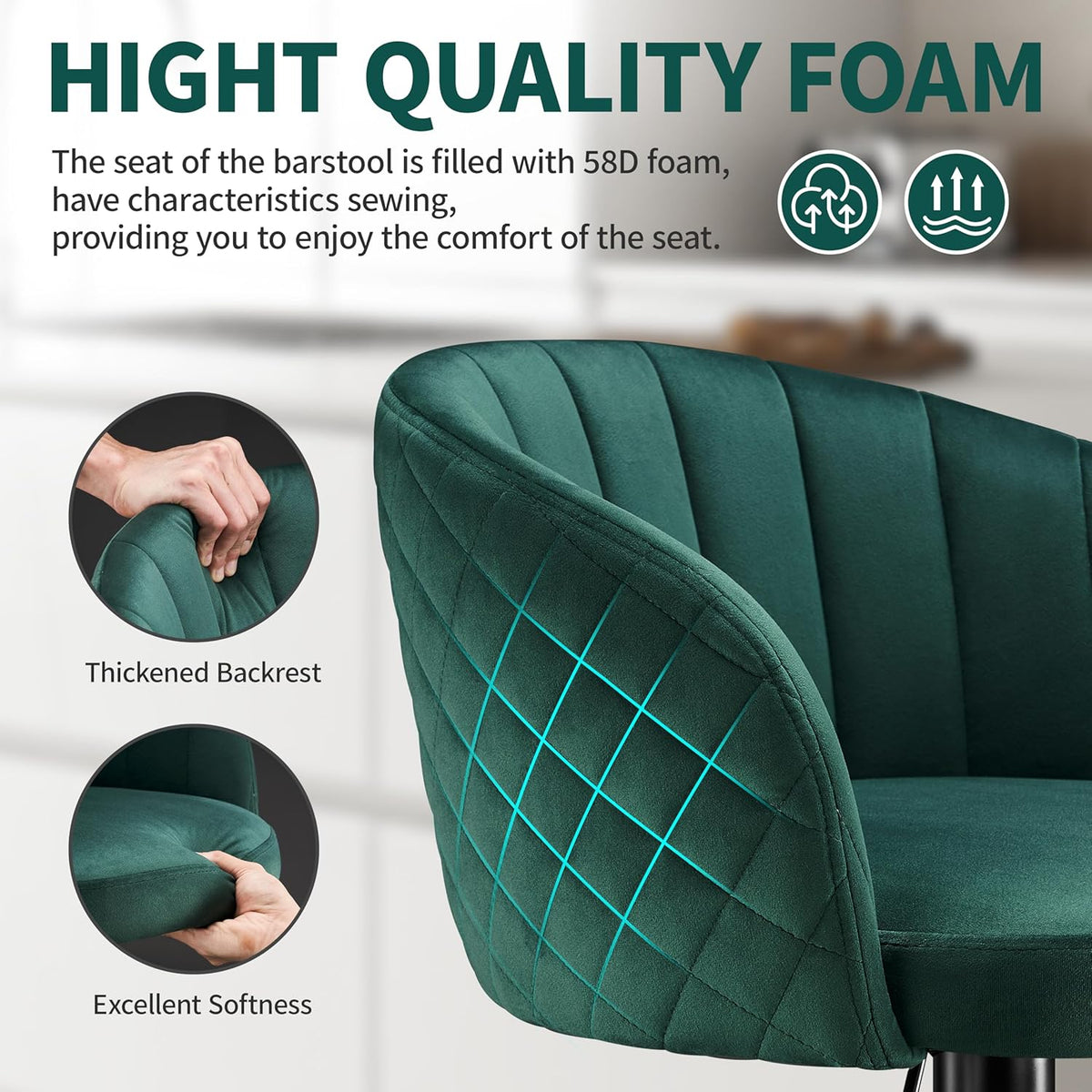 Bar Stool Height Adjustable Set of 2 Bar Stool Milk Velvet Fabric, Bar Chairs with Backrest and Armrest Bar Chair 360° Rotatable, Adjustable Bar Stools, Bar Chair Resilient 150kg-Green - QUORE