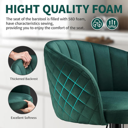 Bar Stool Height Adjustable Set of 2 Bar Stool Milk Velvet Fabric, Bar Chairs with Backrest and Armrest Bar Chair 360° Rotatable, Adjustable Bar Stools, Bar Chair Resilient 150kg-Green - QUORE