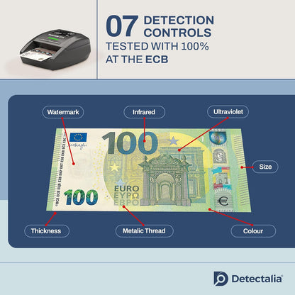 Detectalia D7X Bankbiljettencontroleur en telmachine afzonderlijk - Valsgeld tester met 7 herkenningstests voor euro, gbp, chf, pln, czk en sek