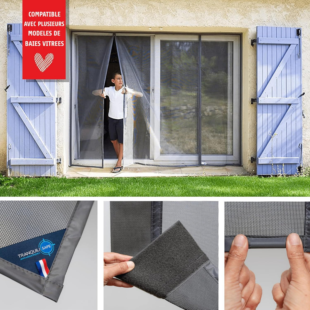 TRANQUILISAFE Magnetisch vliegengaas voor bessen, magnetisch vliegengaas met 2 openingen, muggennet voor veranda en grote raamdeur, muggenbescherming (L 200 cm - H 216/224 cm)