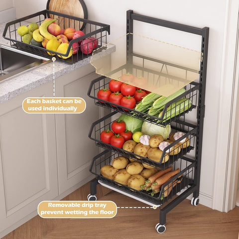 Groenterek - Keukenwagen - Stapelbare Fruitmand - Opbergwagen - met Afsluitbare Wielen - voor Badkamer - Keuken - Kantoor - Koolstofstaal - 39.2 x 31.3 x 87.5 cm - Zwart