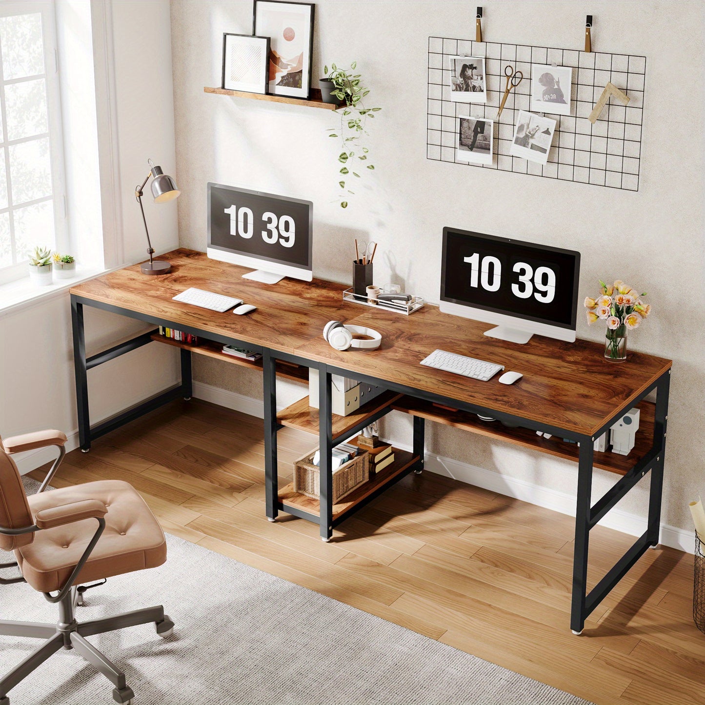 Bureau – Bureautafel – Computertafel – Werktafel – Dubbel bureau – Industrieel design – Ruim 200 cm lang – Met opbergruimte en verstelbare poten