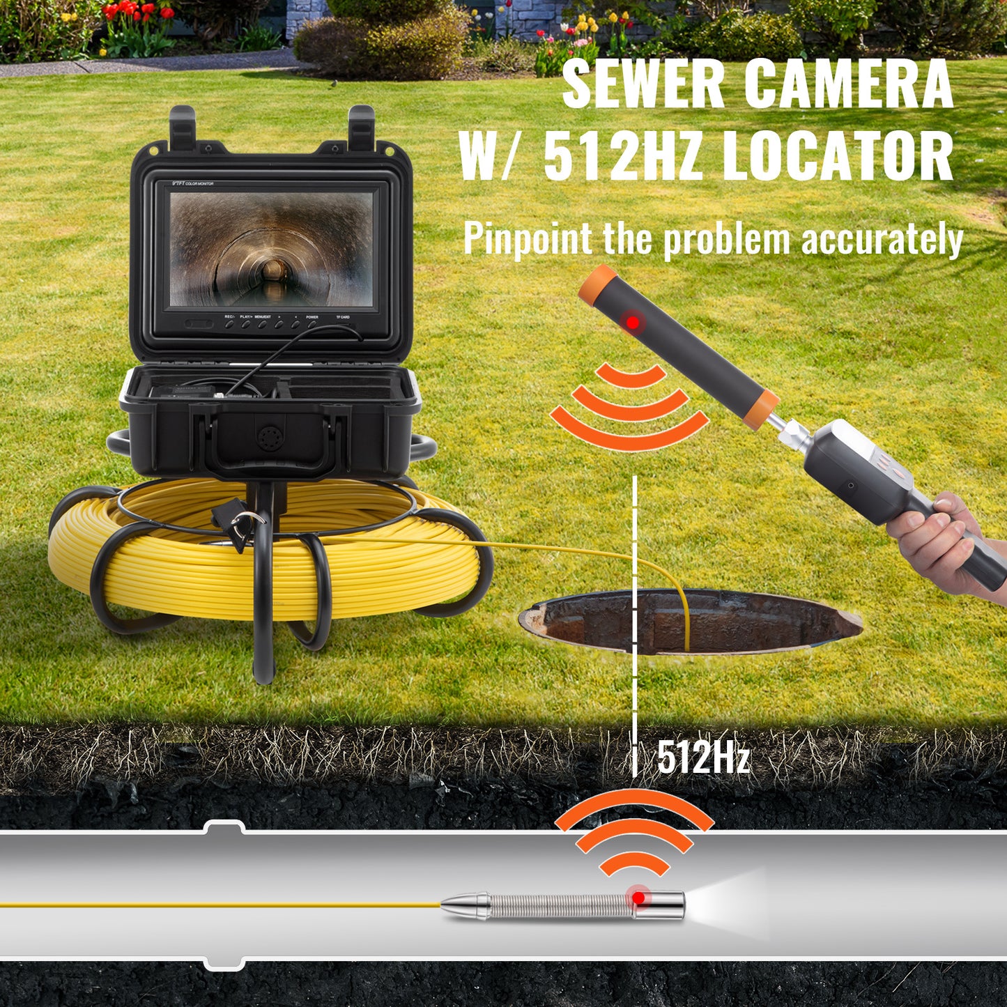 Rioolcamera – Inspectiecamera – Endoscoop – Buisinspectiecamera – Afvoercamera – 91,5 Meter Kabel – 9 Inch 720p Scherm – 512Hz Sonde