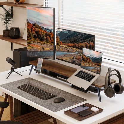 Fenge Monitor Stand, Dual Monitor Riser voor 2 monitoren met verstelbare Laptop Riser, 108cm Desk Organizer met Pad / Hoofdtelefoonhouder Max Belasting 50KG (Bruin)