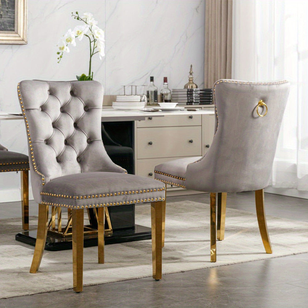 Eetkamerstoel – Dining Chair – Stoel – Zithoekstoel – Eettafelstoel – Set van 2 – Gewatteerde Velvet Bekleding – Gouden RVS Poten – Beige-Gouden Kleur – Moderne Luxe Stoelen