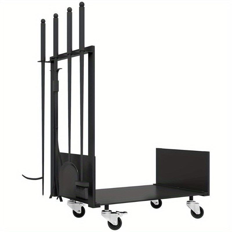 Firewood Rack – Houtopslag Rek – Houtstapelrek – Houthouder – Buitenhaard Accessoire – Metaal Zwart – Met Wielen en Zijhaken