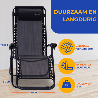 Loungebank – Loungestoel – Tuinbank – Balkonstoel – Verstelbare Ligstoel – Inclusief Afneembare Kussens – Met Bijzettafel en Bekerhouders – Vouwbaar Design