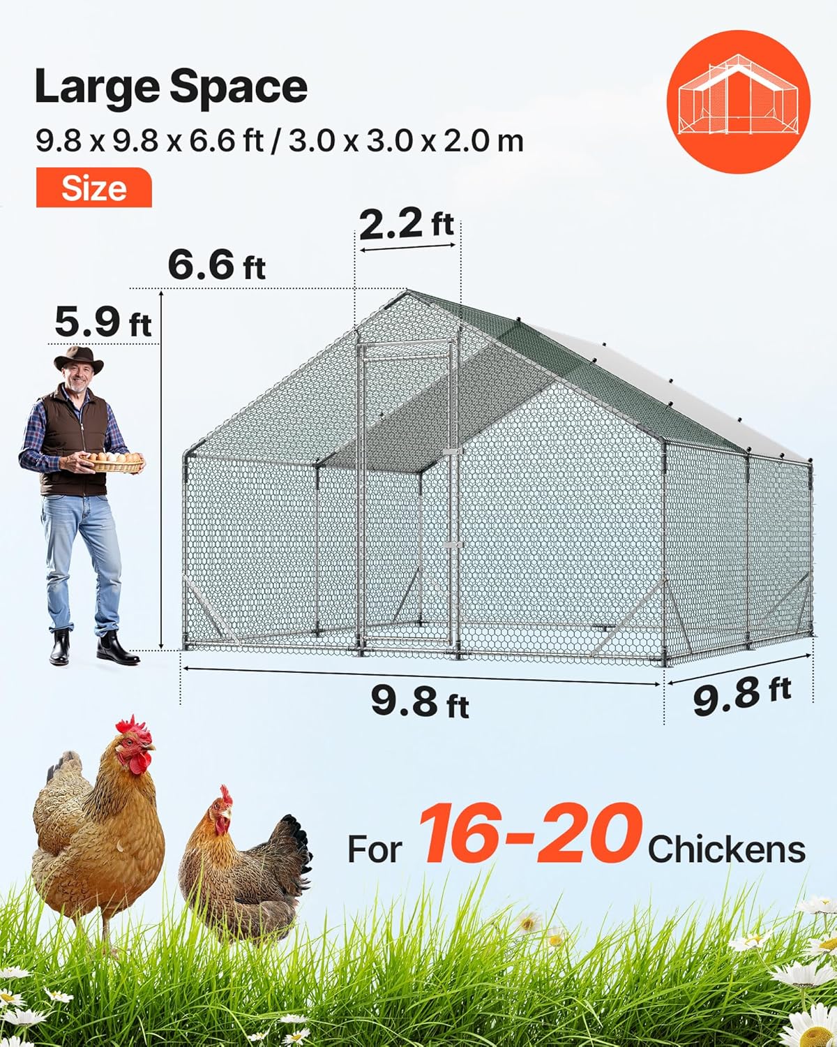 VEVOR Grote metalen kippenhok, 3 x 3 x 2 m, kippenhok met waterdichte afdekking en robuuste structuur, kooi voor gevogelte, met dak, eendenhok, konijn