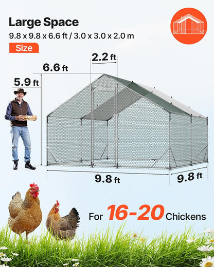 VEVOR Grote metalen kippenhok, 3 x 3 x 2 m, kippenhok met waterdichte afdekking en robuuste structuur, kooi voor gevogelte, met dak, eendenhok, konijn