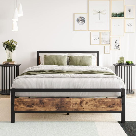 BOFENG Bedframe voor tweepersoonsbed, 137 cm, met houten hoofdeinde, robuust platformbedframe, geen boxspring nodig, boerderijbedden, robuuste bedbodem van vierkante buis, huismeubilair