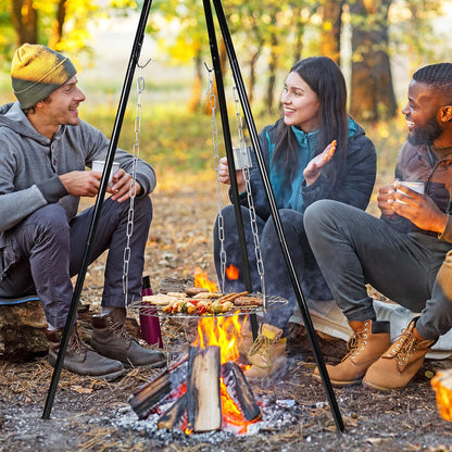 Bruzzzler Zwenkgrill met driepoot, draaibare grill met via kettingtrekkoord in hoogte verstelbaar grillrooster, voor thuis en onderweg, eenvoudig te gebruiken, Dutch Oven als vuurschaal te gebruiken