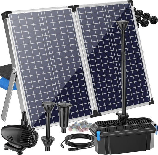 Vijverfilter op Zonne-energie – Vijverpomp – Zonnepomp – Fonteinpomp – Waterspeler – 70 W Pomp – Filter met 3 Sproeiers – 8 m Kabel – Geschikt voor Vijvers tot 2500 Liter