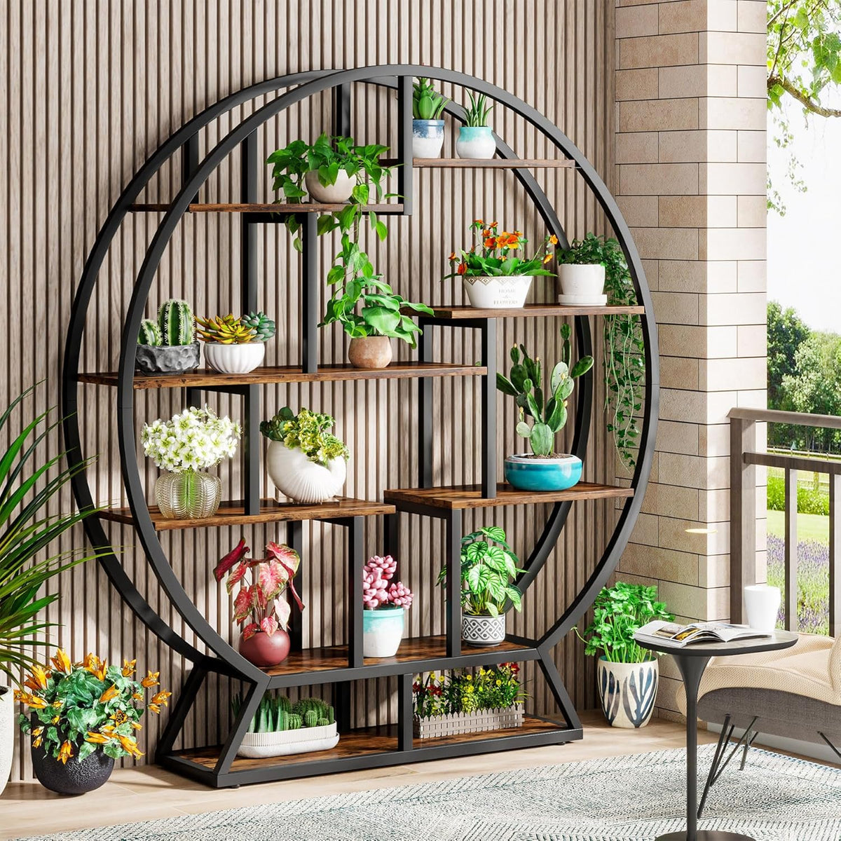 Tribesigns Round Bookcase, 5 Tiers Standing Storage Stand, 160cm High, Rustic Open Organizer for Home, Office, Living Room, Brown