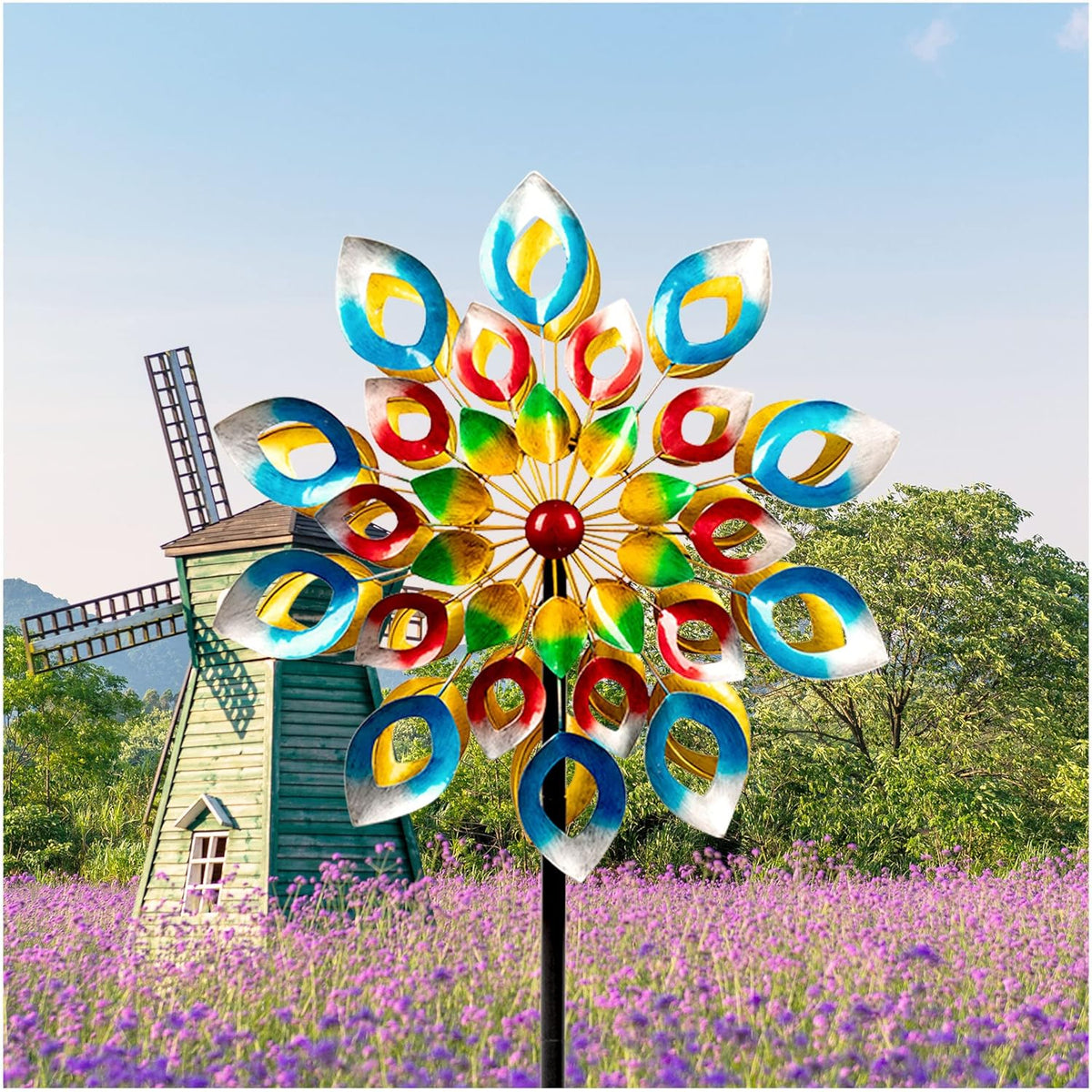 Tuin windspinner, metalen windmolen, grote windsculptuur, outdoor metalen dubbelzijdige windsculptuur en windmolen 20 inch diameter 73 inch hoogte voor buiten, tuin, terras, gazon, tuindecoratie