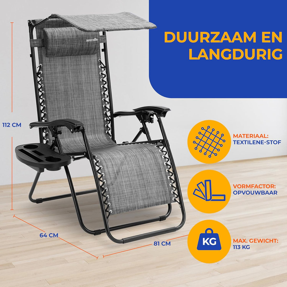 Serenelife Ligstoel, Set van 2 Ligstoelen - Verstelbare Tuinligstoelen met Zonnescherm,Zijtafel,Bekerhouders, Afneembare Kussens - Opvouwbare en Draagbare Loungestoelen voor Terras,Tuin,Strand - Grijs