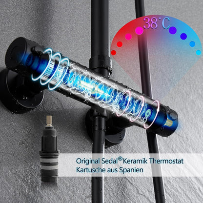 Douchekolom Thermostatisch – Doucheset – Regendouche – Douchesysteem – Douchekraan – Mat Zwart – Hoogte Verstelbaar – Roestvrijstalen Vierkante Douchekop 30x30 cm