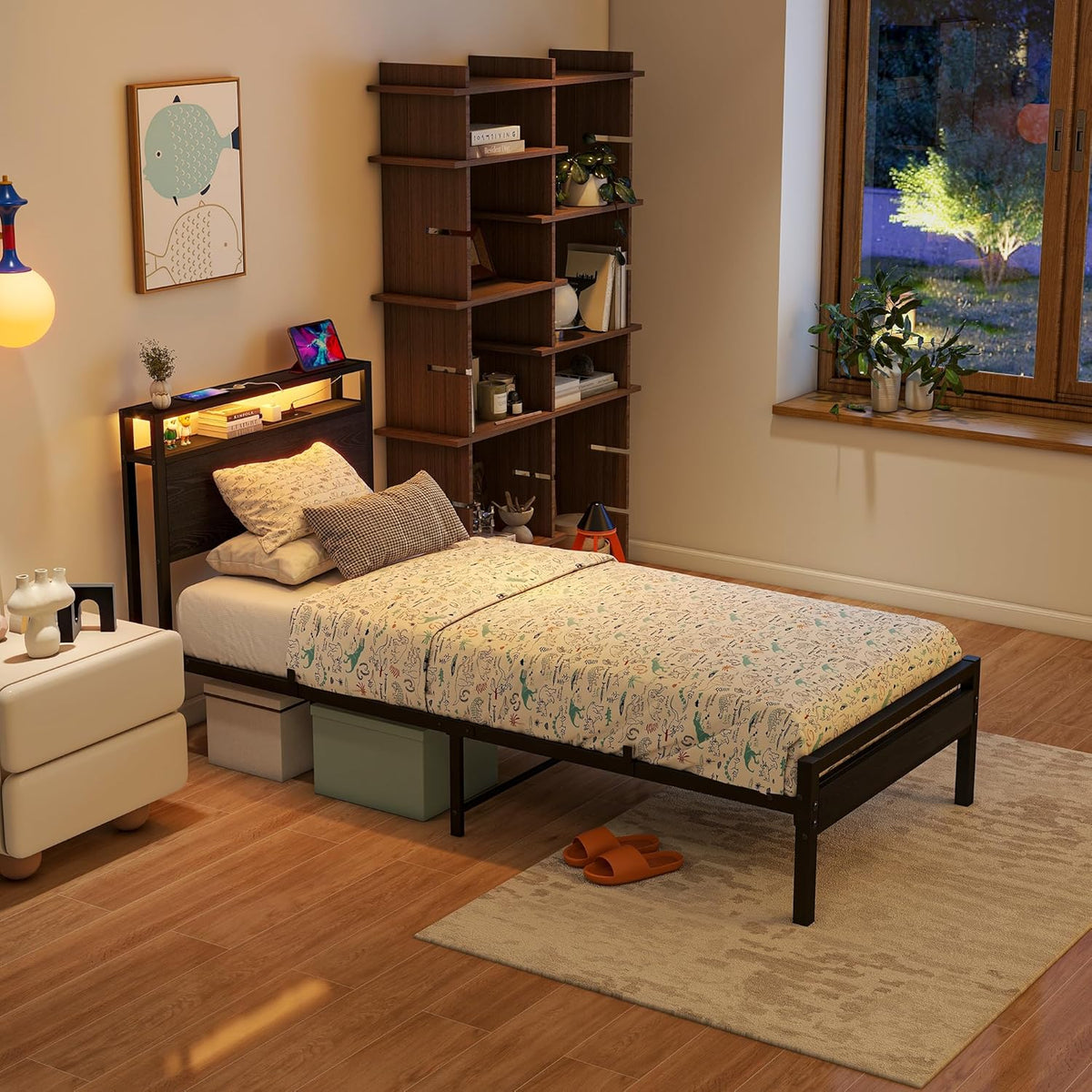 Bed van metaal en hout, 90 x 200 cm, met lattenbodem, USB-oplaadfunctie type C, hoofdeinde met opbergruimte, voor gasten of jongeren, zwart