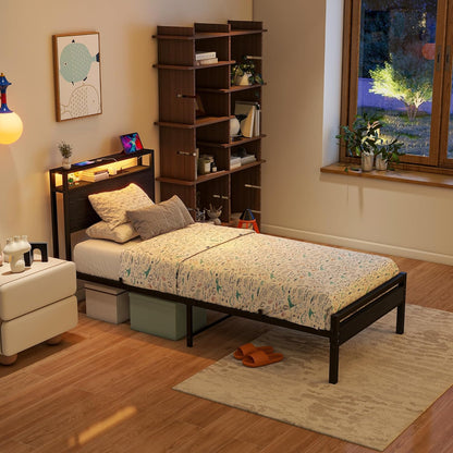 Bed van metaal en hout, 90 x 200 cm, met lattenbodem, USB-oplaadfunctie type C, hoofdeinde met opbergruimte, voor gasten of jongeren, zwart