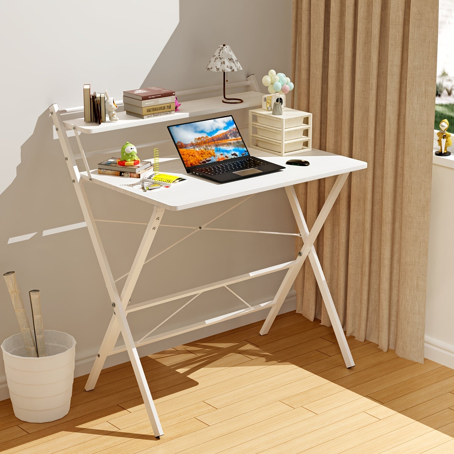 2-layer Long Table, Wooden White Desk, Modern Writing Desk, Multi-purpose, Home And University Dormitory, 80x50x75cm