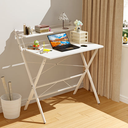 2-layer Long Table, Wooden White Desk, Modern Writing Desk, Multi-purpose, Home And University Dormitory, 80x50x75cm