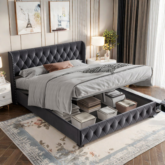 Bed – Tweepersoonsbed – Gestoffeerd Bed – Opbergbed – Boxspring – Fluwelen Bekleding – Hydraulische Opbergruimte – 180x200 cm