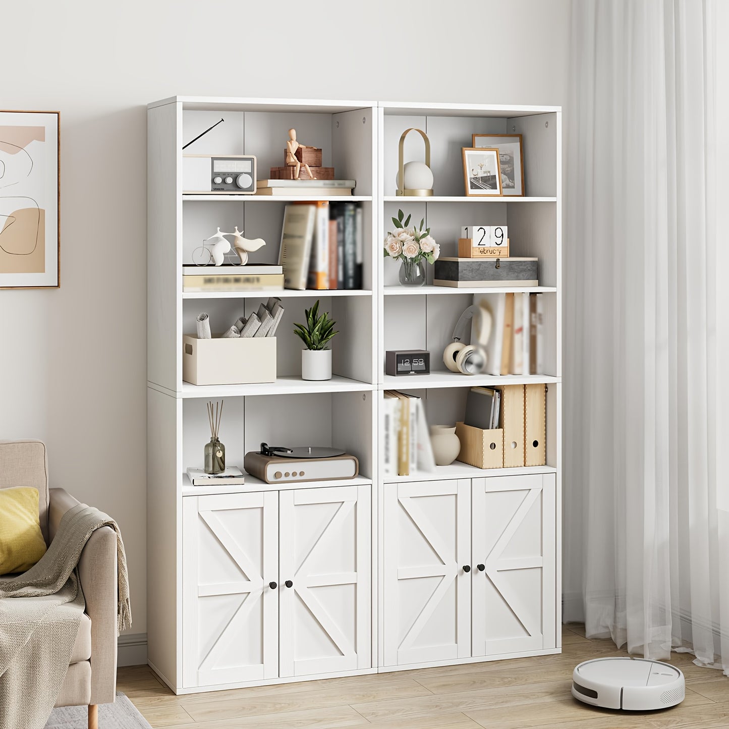Industrial Farmhouse Bookcase with Doors - Extra Tall 181.36cm Tall Bookshelf, Heavy-Duty Hardwood Construction, No Assembly Needed, Modern Farmhouse Storage Cabinet with Doors for Living Room, Home Office, Bedroom - Space-Sa