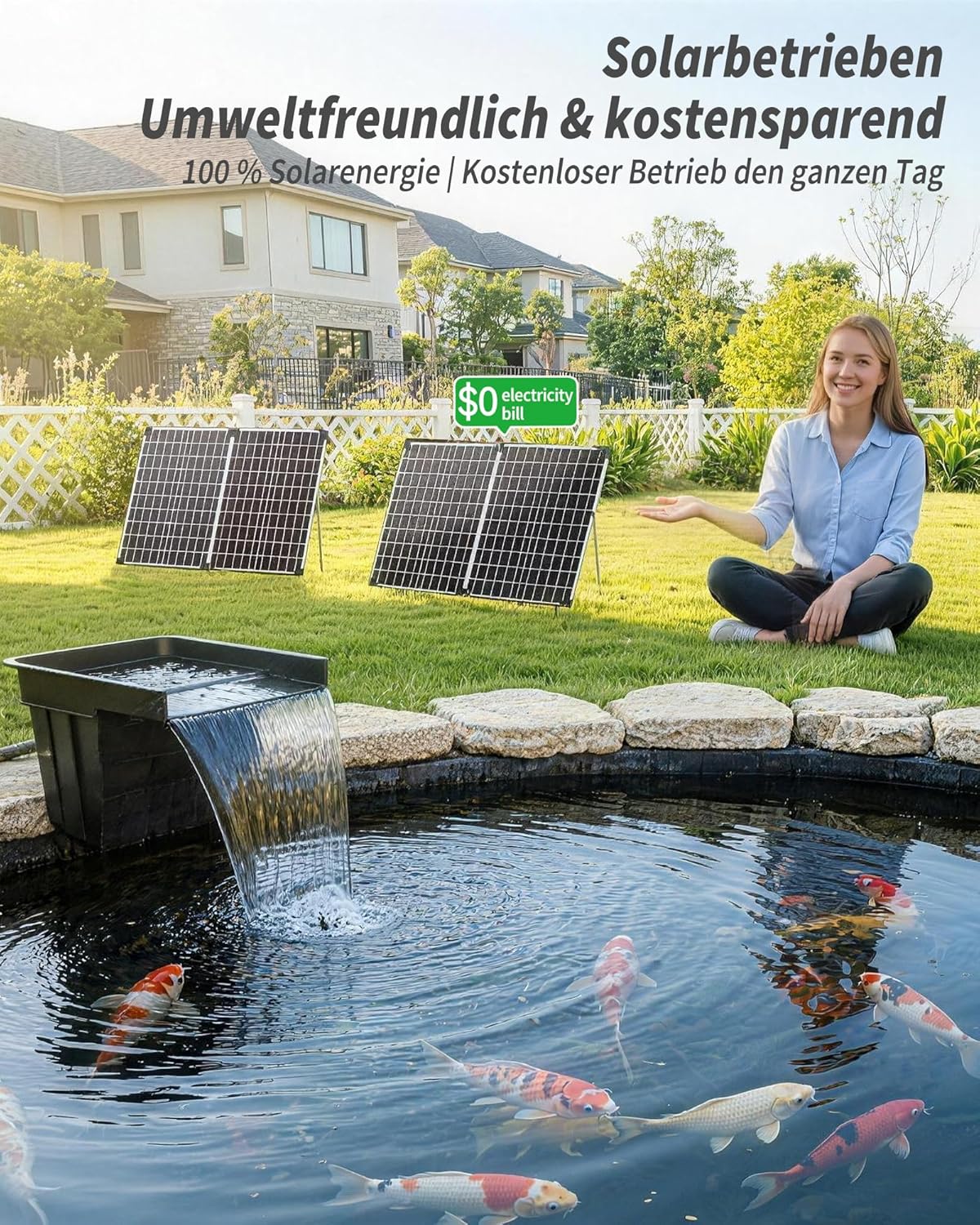 POPOSOAP Vijverwaterval met zonnepomp, watervaloverloop met 120 W zonnepaneel, 800 gph-vijverpomp, 3 m golfslang voor tuinvijvers