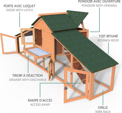 vounot Wooden chicken coop with nest box and perch, chicken coop, 2 chickens, 210 x 85 x 85 cm, with ramps and lockable doors, large activity area, ideal for chickens, small animals, rabbits