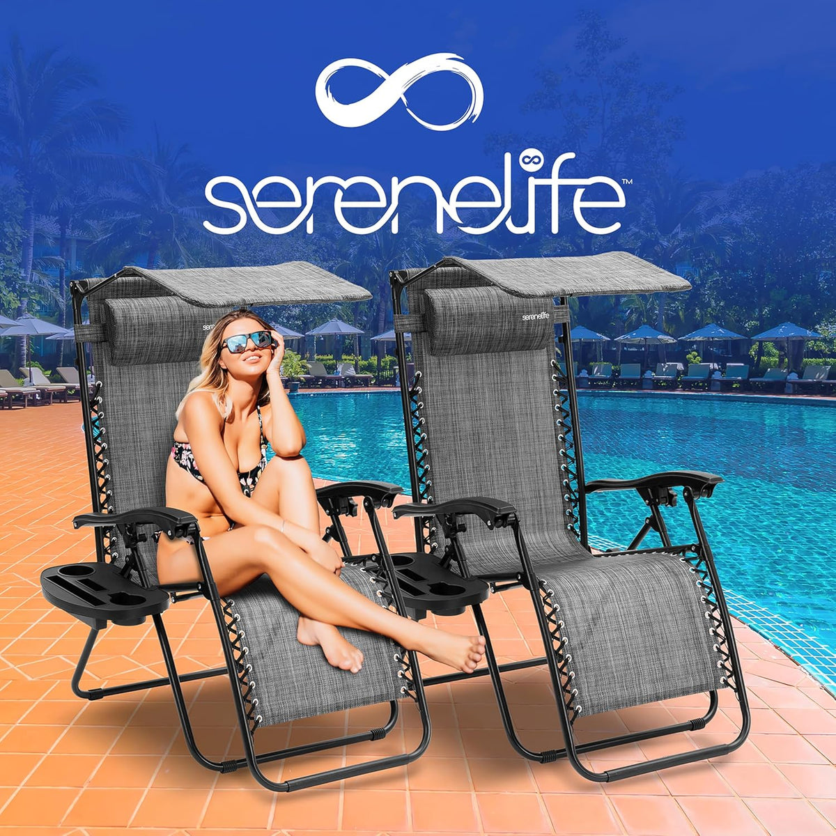 Serenelife Ligstoel, Set van 2 Ligstoelen - Verstelbare Tuinligstoelen met Zonnescherm,Zijtafel,Bekerhouders, Afneembare Kussens - Opvouwbare en Draagbare Loungestoelen voor Terras,Tuin,Strand - Grijs