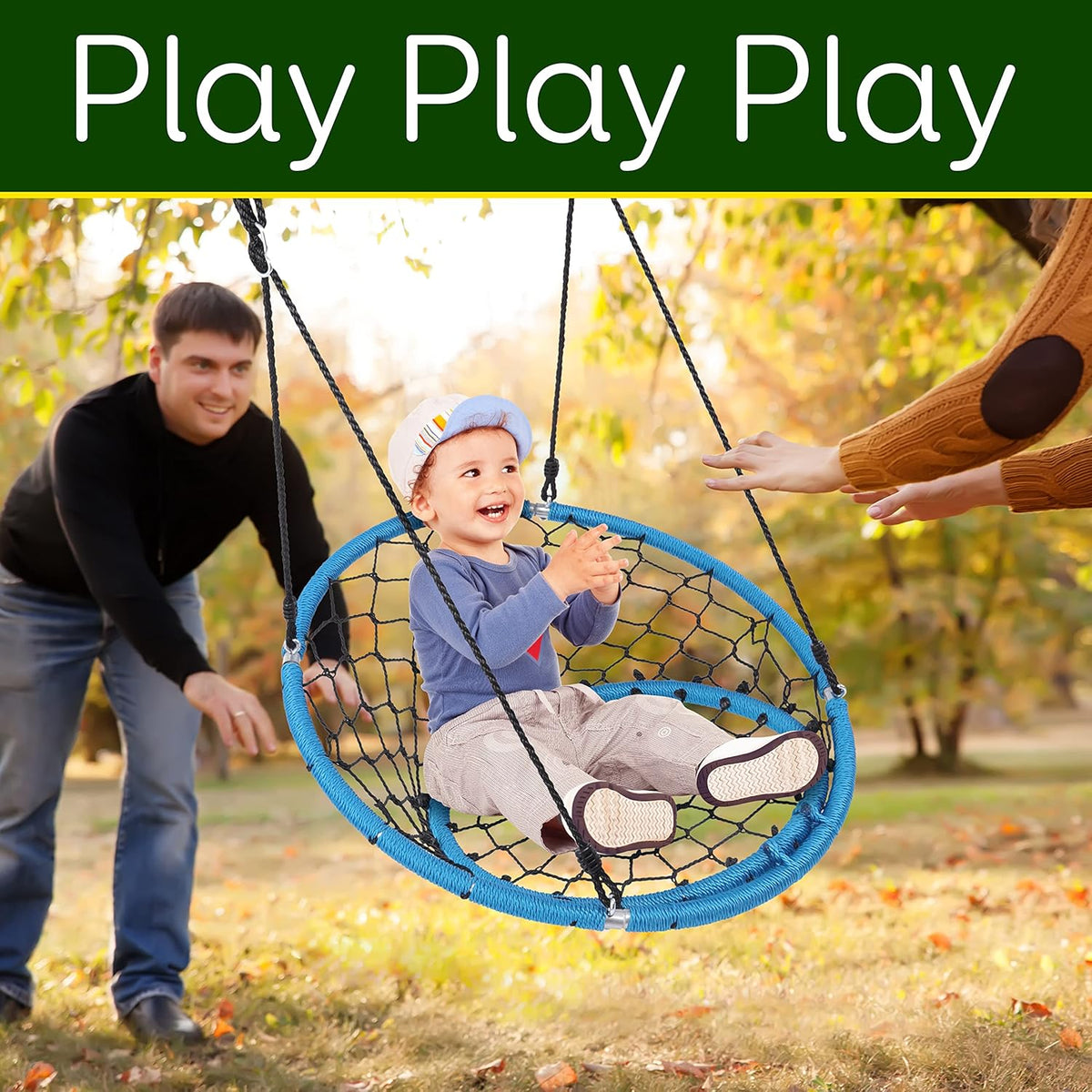SereneLife Web Stoel Swing 35,5" Inch Opknoping Netted Seat Kids Indoor Outdoor Yard Ronde Cirkel Schotel Swing voor Bomen of Swing Sets - Alle Seizoen UV-bestendig Touw Net Schommeling, Blauw