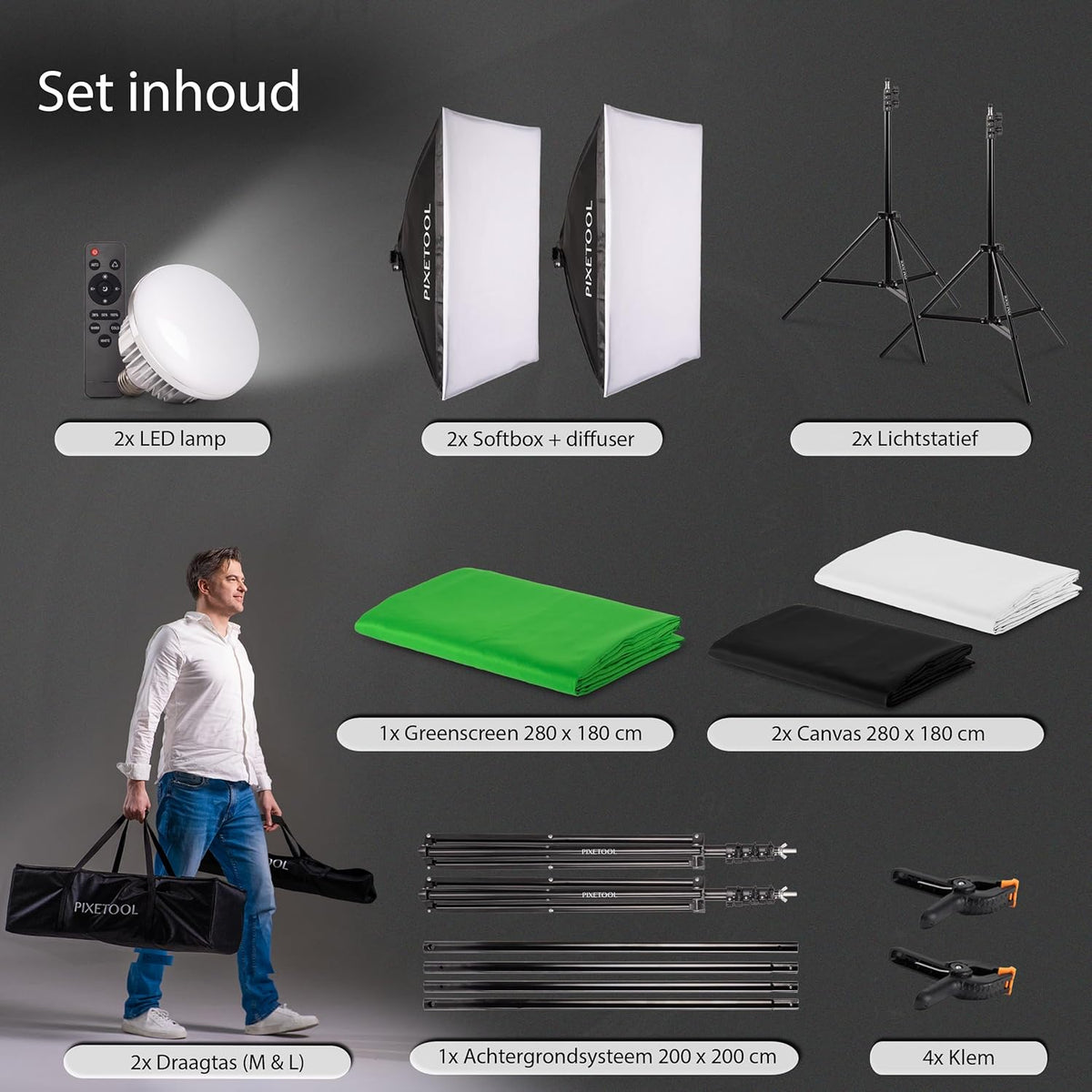 Green Screen – Fotostudio Set – Achtergrondsysteem – Achtergronddoek – Studio Achtergrond – 1,8 X 2,8 M Met Verstelbaar 2 X 2 M Achtergrondsysteem – Inclusief Wit En Zwart Achtergronddoek, Softboxen En Dimbare LED Lampen