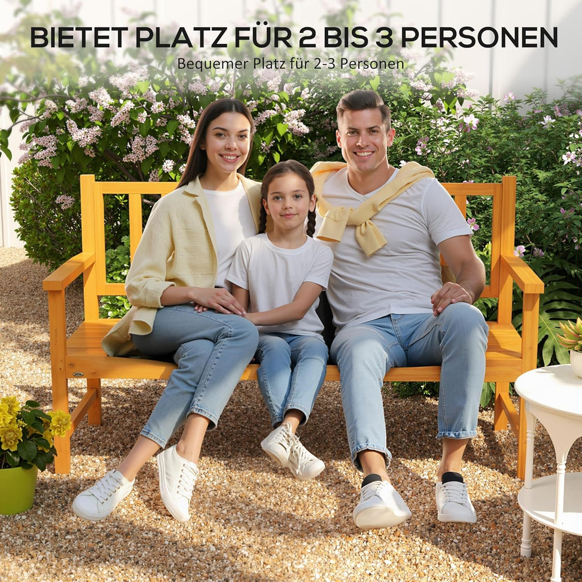 Outsunny Garden Bench 3-Seater Bench with Table, Park Bench with Armrest, Wooden Bench up to 280 kg Load Capacity for Balcony, Patio, Light Brown, 153 x 56 x 91 cm - QUORE