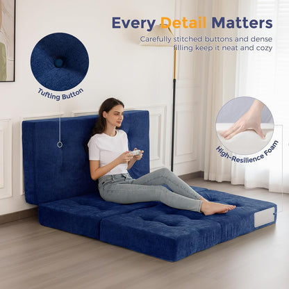 MAXYOYO Opvouwbare Matras Eenpersoons, 15 cm Comfortabele Opvouwbare Matras Met Chenille-Stof, Driekwijd Vloer Futon Bank Bed Voor Gast, Vouwmatras Topper Voor Camping, Marineblauw, Dubbel