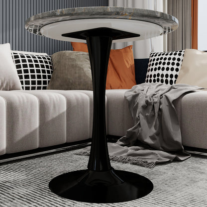2-4 Person Black Coffee Table | Medieval Modern Dining Table with Round Marble Top, Dark Gray Texture, Suitable for All Environments, Metal Base, Extending Style
