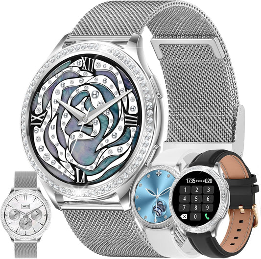 Smartwatch Dames met Bluetooth Bellen, 1.32'' Smartwatch met Diamant, IP68 Waterdicht Smart Watch, 123 Sportmodi, Muziekspeler, Hartslagmonitor, SpO2, Smartwatches voor Android iOS (Zilver)