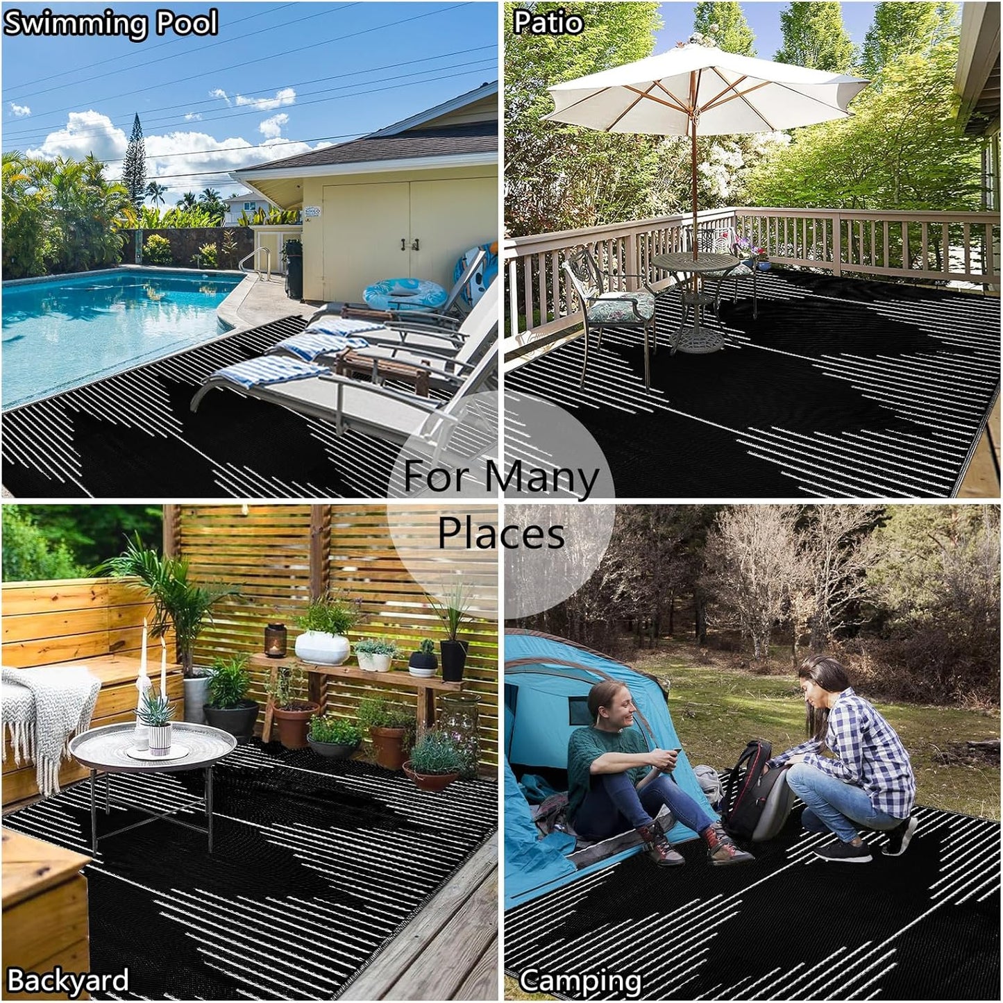 Buiten Vloerkleed - Buitenkleden - Buitentapijt - Opvouwbaar - UV-bestendig - Waterdicht - Buitenmatten - voor Buiten - Balkon - Strand - Picknick -Terras - Rechthoekig - 240 x 300 cm - Zwart