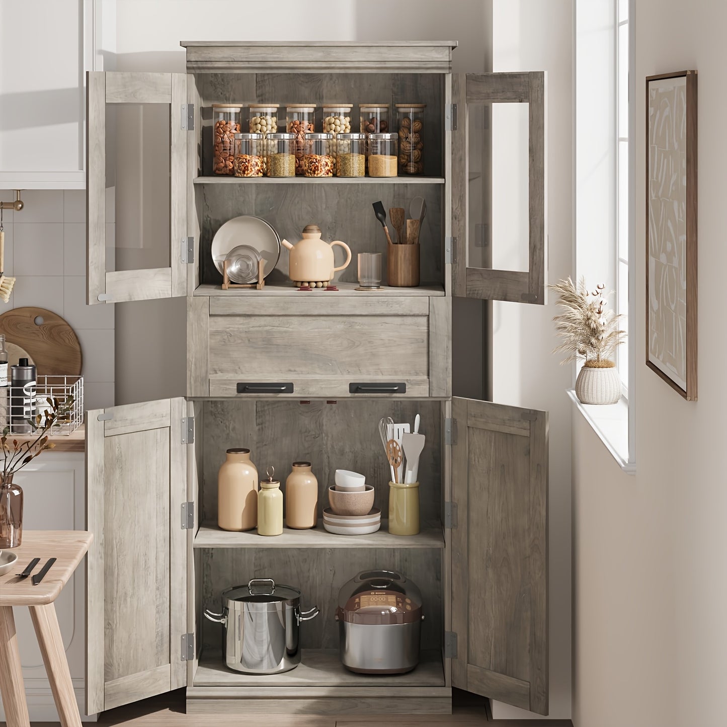 Vrijstaande Opbergkast – Badkamerkast – Boekenkast – Vitrinekast – Kast Met Lade – Modern Grijs – 170 cm Hoog – Verstelbare Planken En Glazen Deuren
