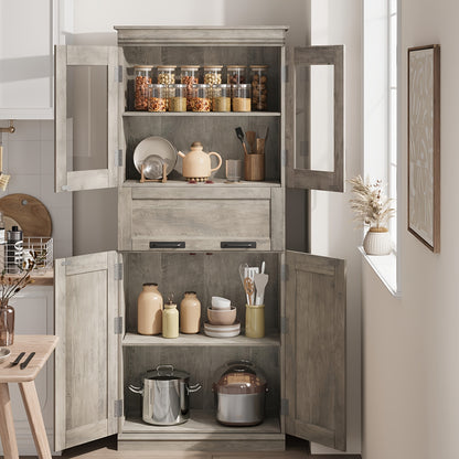 Vrijstaande Opbergkast – Badkamerkast – Boekenkast – Vitrinekast – Kast Met Lade – Modern Grijs – 170 cm Hoog – Verstelbare Planken En Glazen Deuren