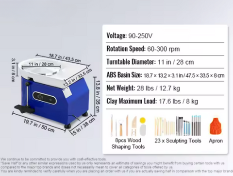 Pottenbakkerij - Pottenbakkers Draaischijf - Elektrische Pottenbakkers Draaischijf - Elektrische Pottenbakkersschijf Machine - 60-300RPM - 450W 8kg - met Snelheidshendel, Voetpedaal Contro en ABS Afneembare Bak - Blauw