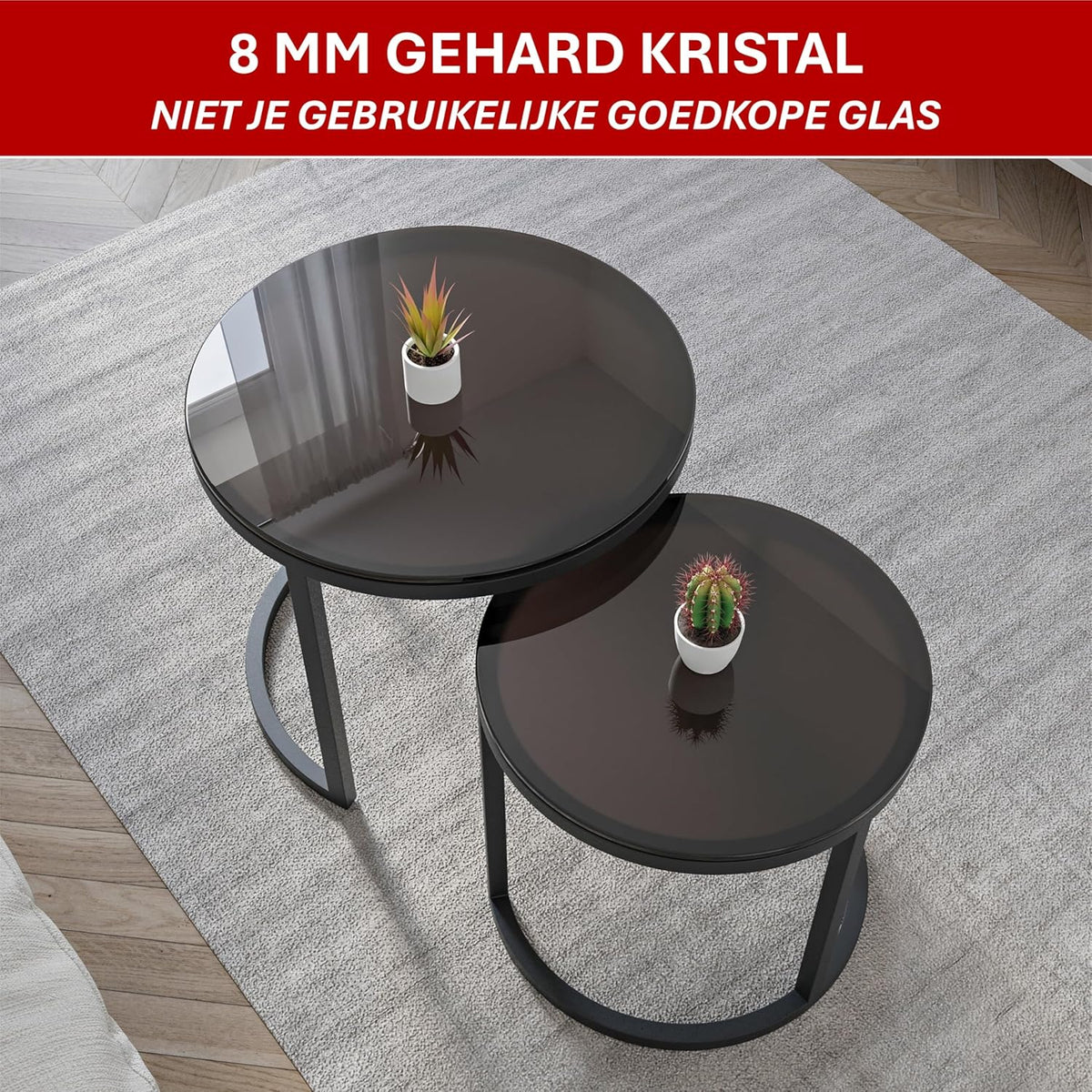 Modena, Set van 2 Salontafels van Gehard Glas en Staal, Handgemaakt in Europa, Bijzettafel, Koffietafel, Coffee Table, Zwart, Ronde, Ø50x43 cm / Ø40x38 cm