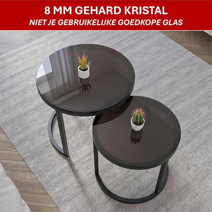 Modena, Set van 2 Salontafels van Gehard Glas en Staal, Handgemaakt in Europa, Bijzettafel, Koffietafel, Coffee Table, Zwart, Ronde, Ø50x43 cm / Ø40x38 cm