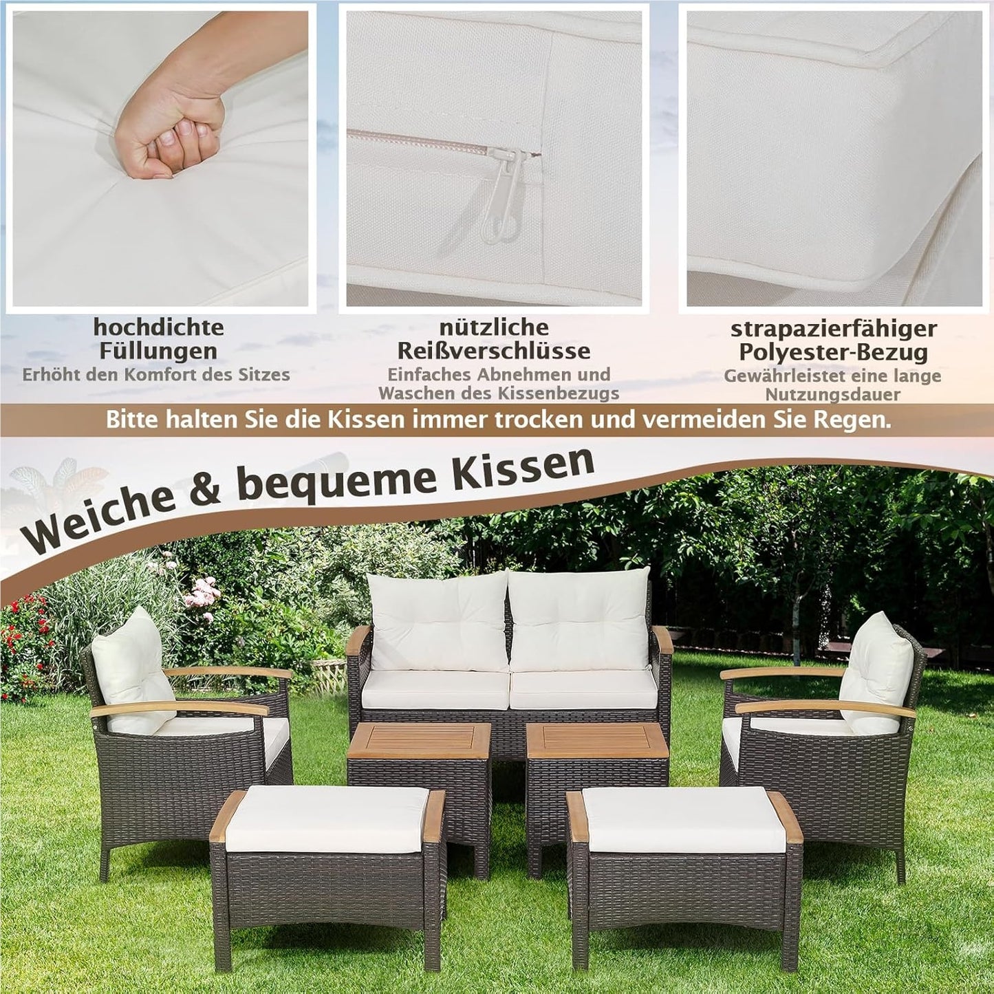 Tuinmeubelset Rattan – Balkonmeubels – Loungeset – Buitenmeubelen – Zithoek – Acaciahouten Tafelbladen – Comfortabele Kussens – Weerbestendig Stalen Frame