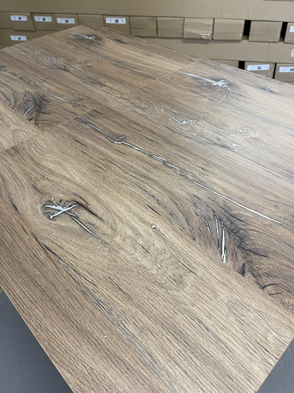 Uitschuifbare Eettafel – Uitschuifbare Tafel – Eettafel Verlengbaar – Tafel Met Verlengstuk – Eiken Eettafel – Uitschuifbaar Van 120 Tot 160 cm – MDF Tafelblad Met Grijs V-Pootframe