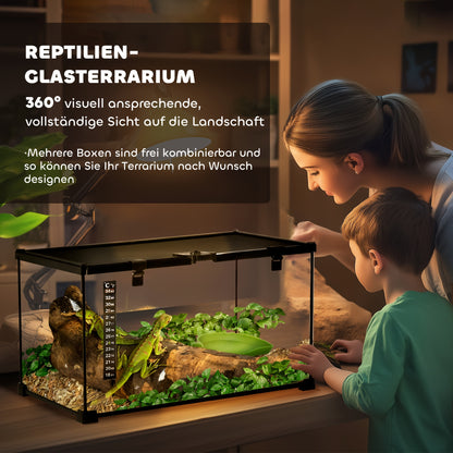 Reptilienterrarium – Glazen Terrarium – Amfibieën Terrarium – Spinnenterrarium – Kweekbak – Zwart Design – Ingebouwde Thermometer – 50 x 30 x 25 cm