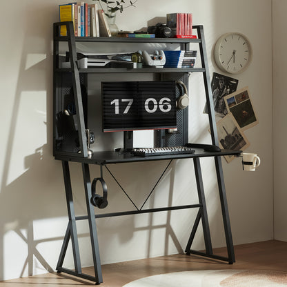 Gaming Bureau – Computerbureau – Werkbureau – Gamersdesk – Thuiswerkbureau – Zwart Met Carbon Fiber Blad – Ergonomisch Ontwerp – Inclusief Opbergplank