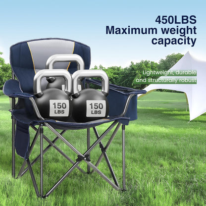 HIGH POINT SPORTS Oversized draagbare campingklapstoel, opvouwbare buitenstoelondersteuning 400 pond, arm gazonstoel met bekerhouder en koeltas voor volwassene, blauw
