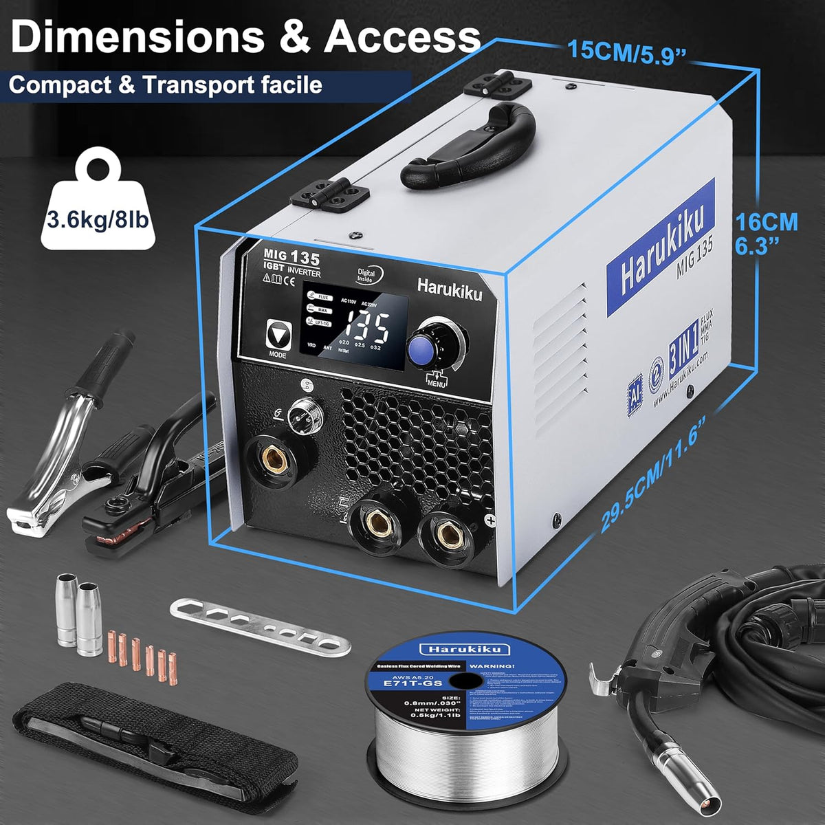 Harukiku135 lasapparaat zonder gas met gevulde draad, 3-in-1 Multiproces Lastoestel (Flux Core MIG/MMA/Lift TIG) met Synchrone Draadaanvoer, Compacte IGBT Inverter voor Professionals & Doe-het-zelvers