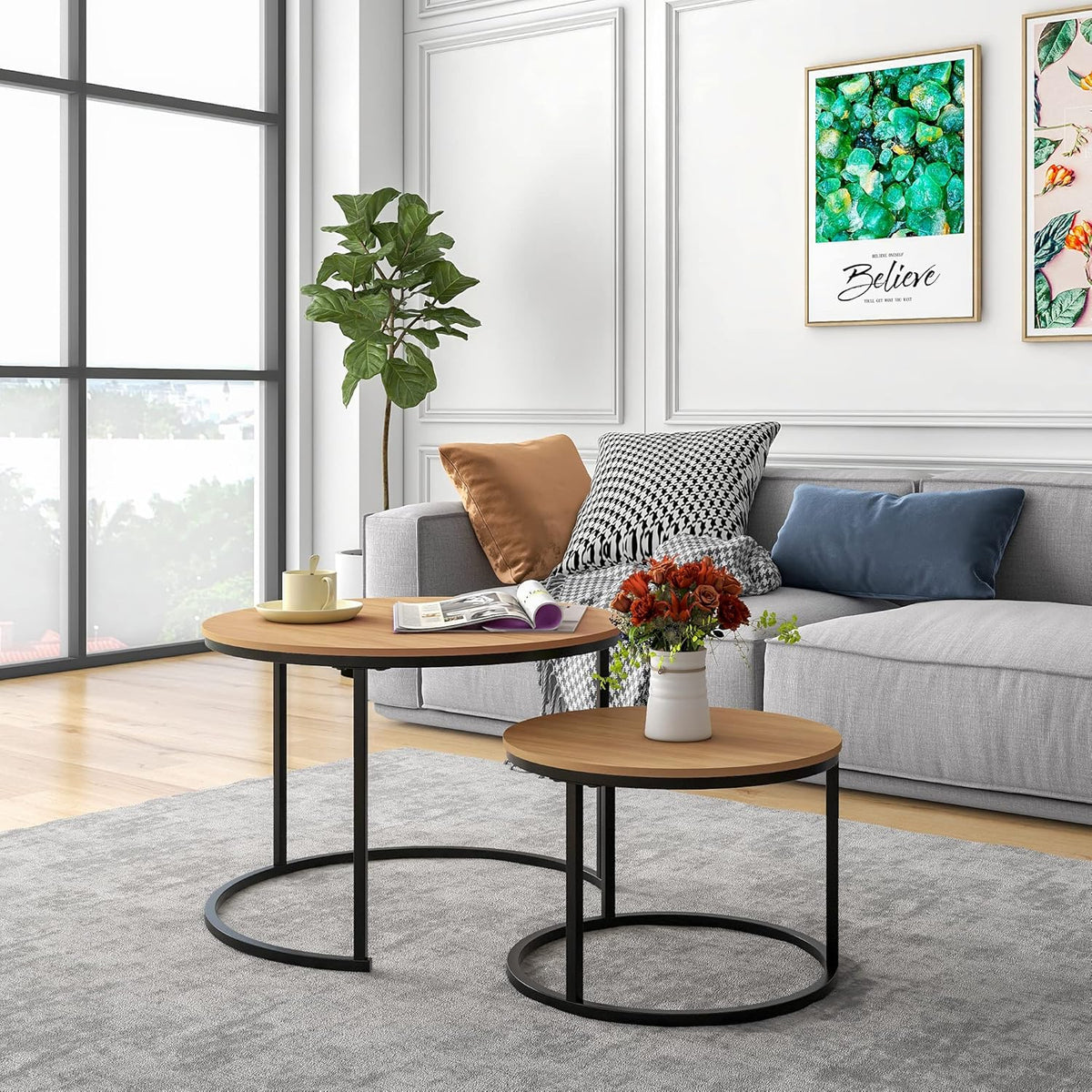 HOJINLINERO Zwarte ronde salontafel set van 2 bijzettafels voor woonkamer, 69,5 x 49 cm industriële stapelen eindtafels, houtlook accentmeubilair met metalen frame eindtafel voor slaapkamerdecoraties,