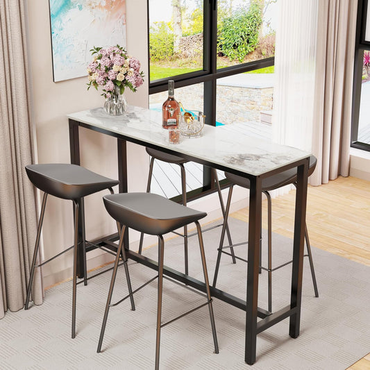 FATIVO Bar Table, Emerald, White, Bistro Table, Marble Bar Table, Kitchen Table, Rectangular, Narrow with Black Metal Frame, for Kitchen, Living Room, Dining Room, 120 x 40 x 105 cm - QUORE