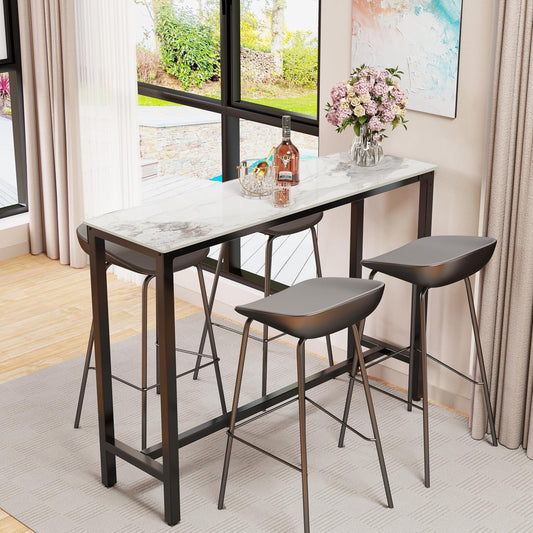 FATIVO Bartafel, smaragd, wit, bistrotafel, marmer, statafel, keuken, keukentafel, rechthoekig, smal, met zwart metalen frame, voor keuken, woonkamer, eetkamer, 120 x 40 x 105 cm